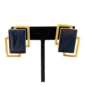 Vintage Monet Blue Enamel Geometric Art Deco Gold Tone Drop Earrings Modernist